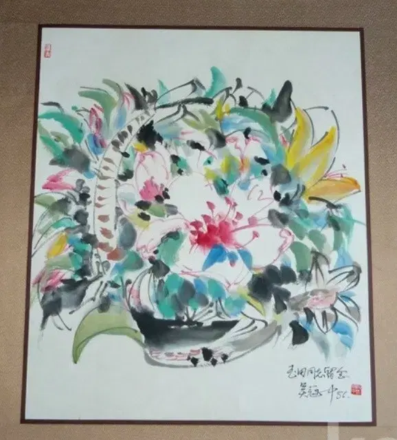 오관중, 화훼도  중국화, 70x58cm, 1986년.